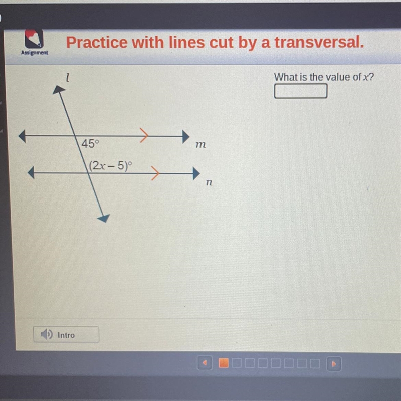 What is the value of x? 45° m (2x-5°)-example-1