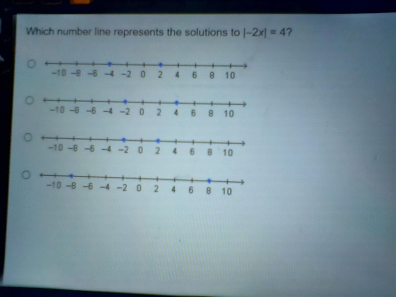 Which number line represents the solutions to |-2x| = 4?-example-1