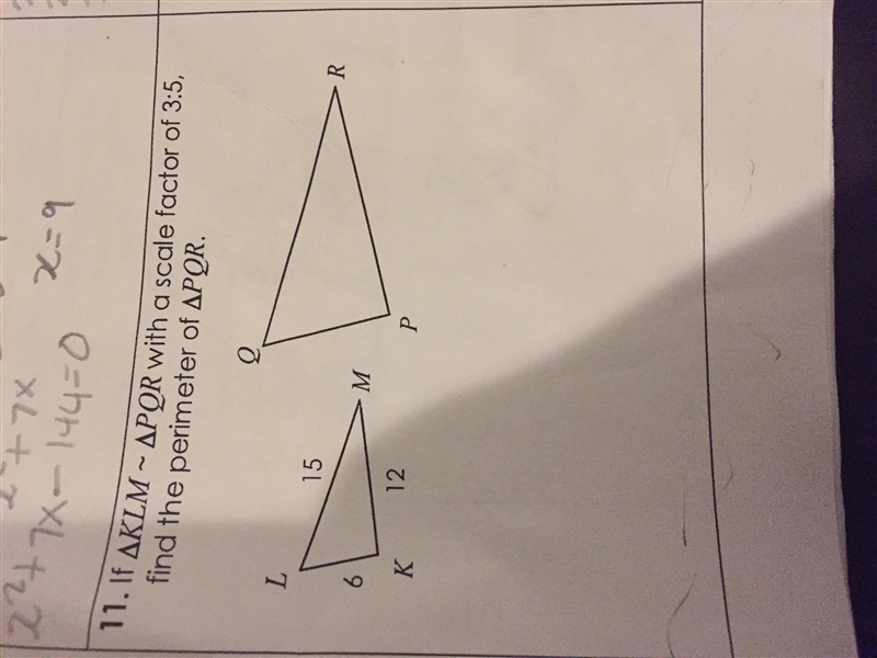 KLM~PQR with a scale factor of 3:5, find the perimeter of PQR-example-1