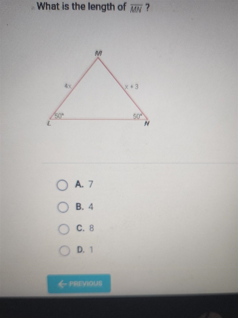 What is the length of A. 7 B. 4 C. 8 OD. 1 3 X +3 ? What is the length of A. 7 B. 4 C-example-1