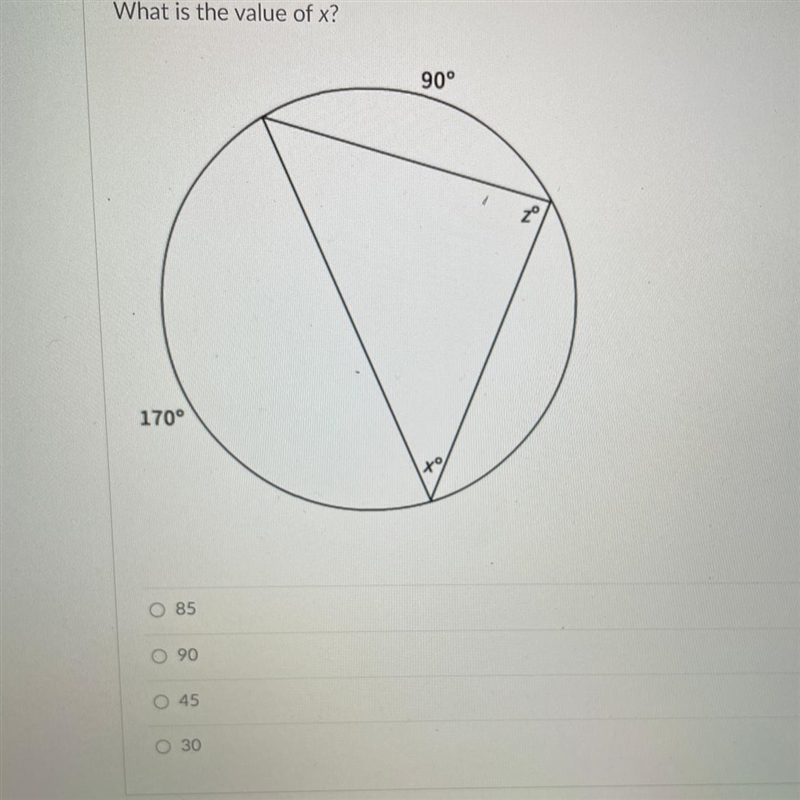 What is the value of x? 90 degrees 170 degrees X Z-example-1