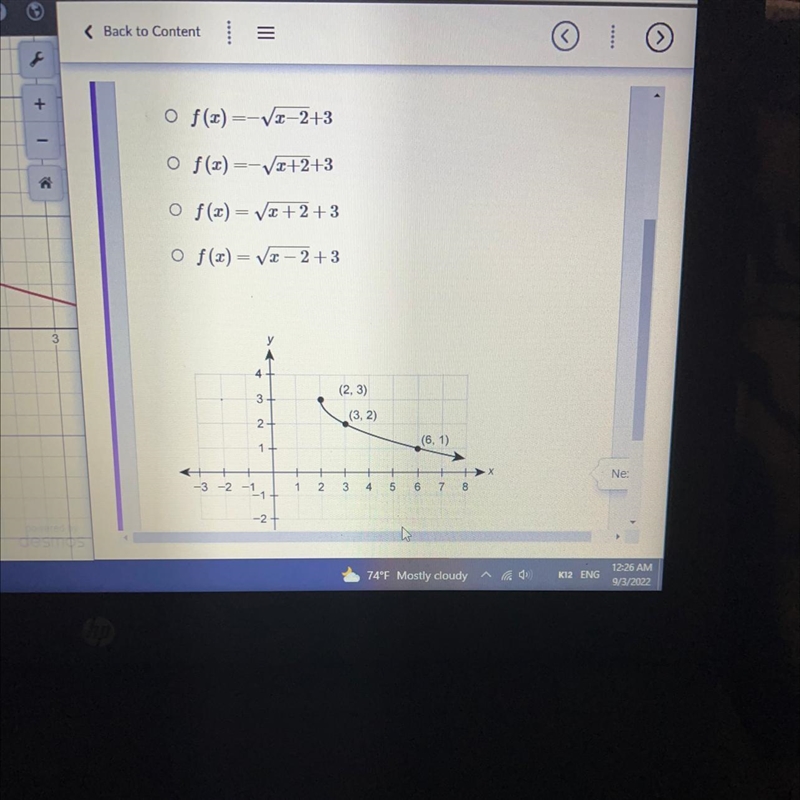 HELPPPPPP PLS Which equation represents this graph? O f(x)=√x-2+3 Of(x)=√x+2+3 Of-example-1