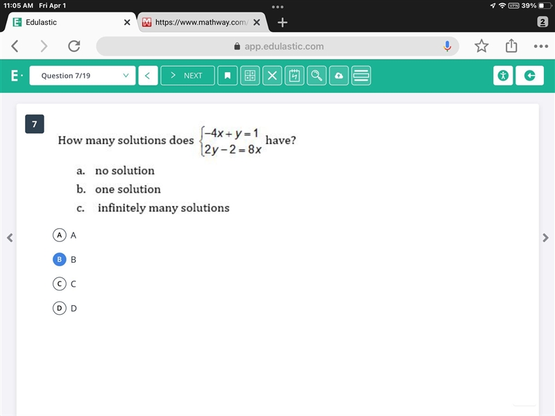 -4x+y=1 2y-2=8x How many solutions does this have? a. no solution b. one solution-example-1