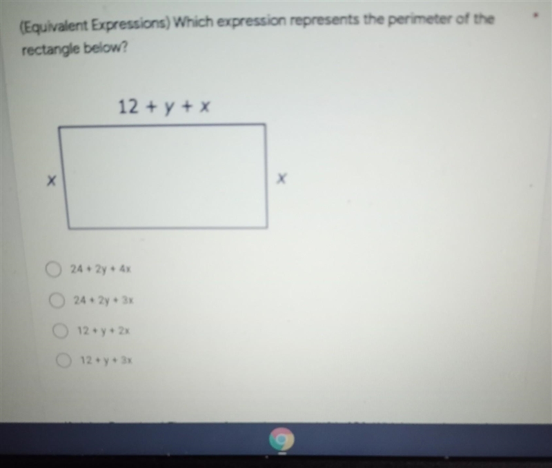 Which expression represents the perimeter of the rectangle below A. 24+2y+4x B. 24+2y-example-1