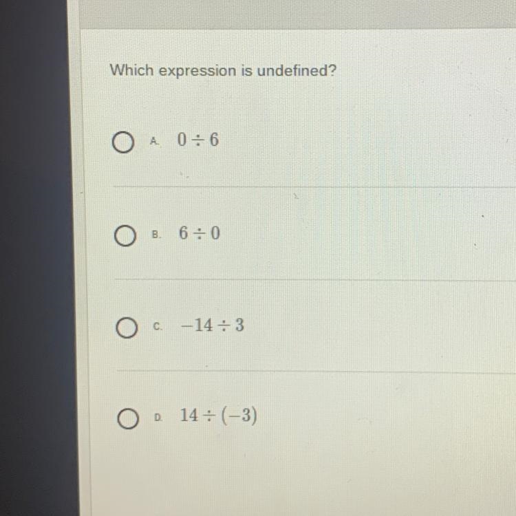 Which expression is undefined? ОА A 0:6 B. 6:0 C-14:3 O 0 14 = (-3) D-example-1