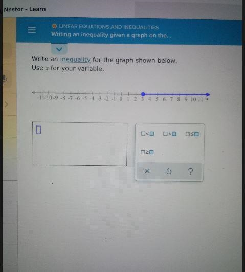 LINEAR Writing an inequality given a graph on the... Write an inequality for the graph-example-1