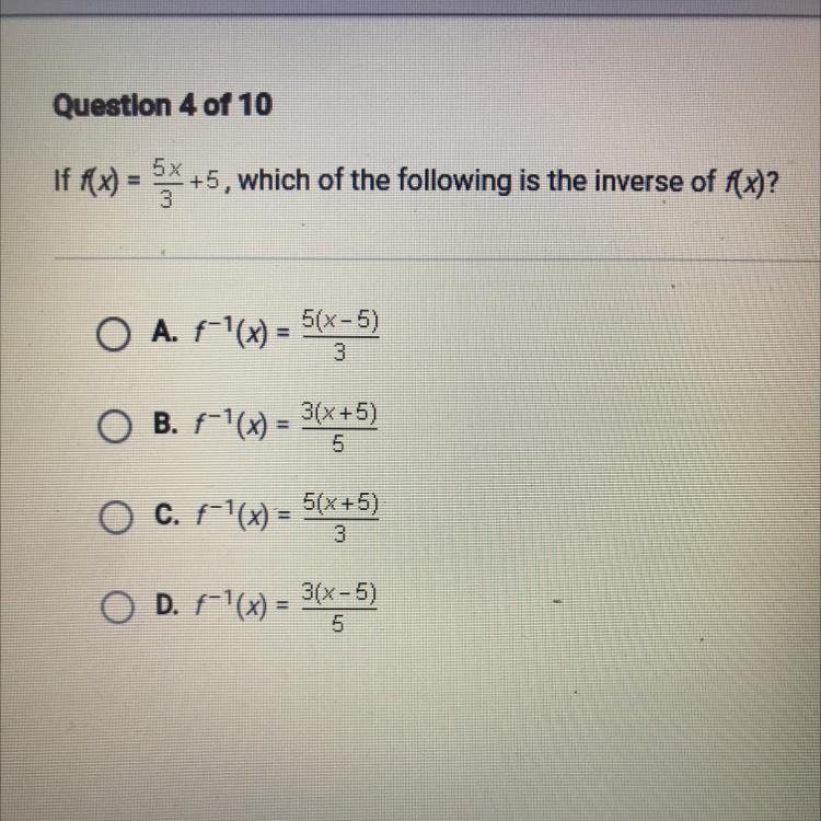 If f(x) = 5x +5, which of the following is the inverse of f(x)? = = (x) 3 (x+) O A-example-1