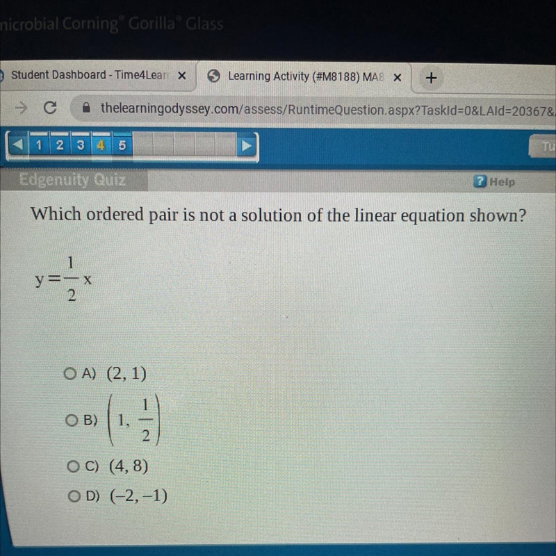 Which ordered pair is not a solution of the linear equation shown? 1 y=-x 2 OA) (2, 1) B-example-1