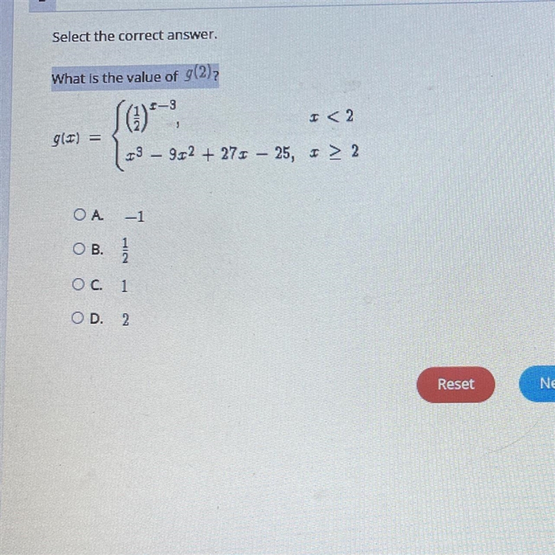 3 3 Select the correct answer. What is the value of 9(2), Se) - I < 2 g(1) = 13 - 9x-example-1