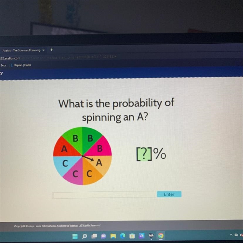 What is the probability of spinning an A? B B A B A [?]%-example-1