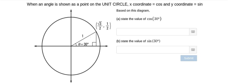 (a) state the value of cos(30°) (b) state the value of sin(30°)-example-1