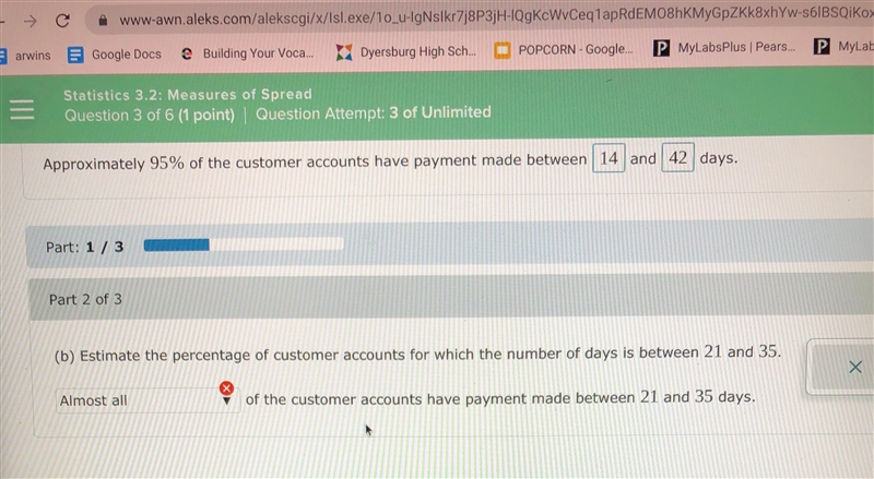 (b) Estimate the percentage of customer accounts for which the number of days is between-example-2