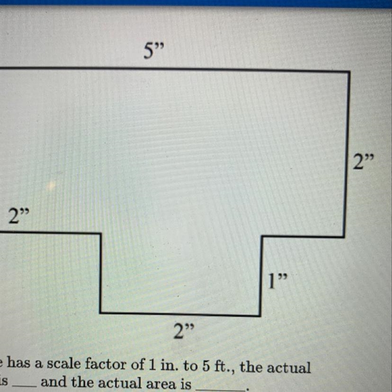 PLEASE HELP If each side has a scale factor of 1 in. to 5 ft., the actualperimeter-example-1