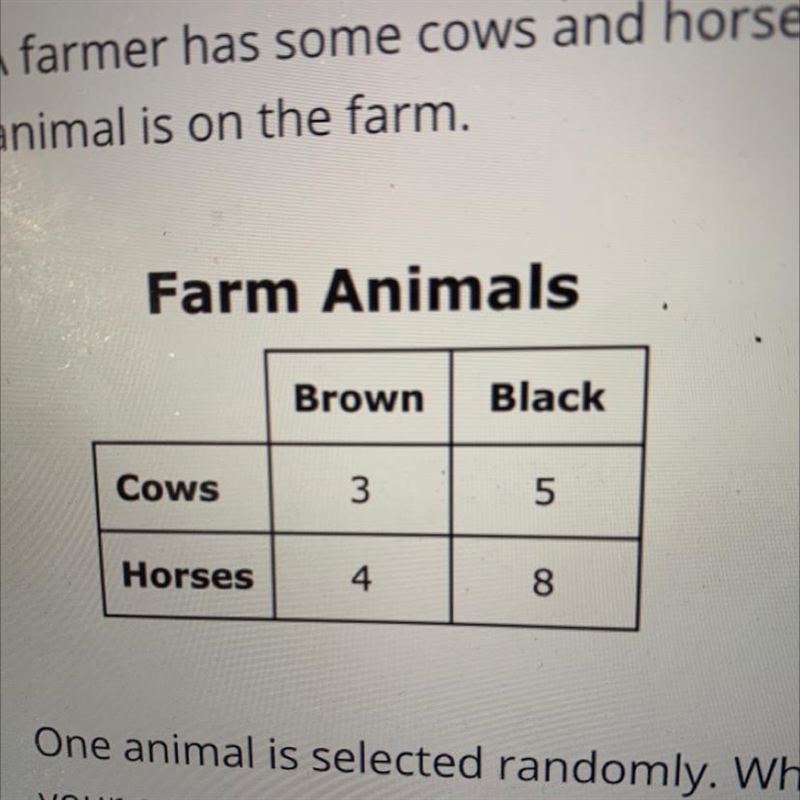 A farmer has some cows and horses. All the animals are either brown or black. The-example-1