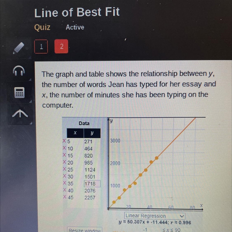 - nd According to the line of best fit, about how many words will Jean have typed-example-1