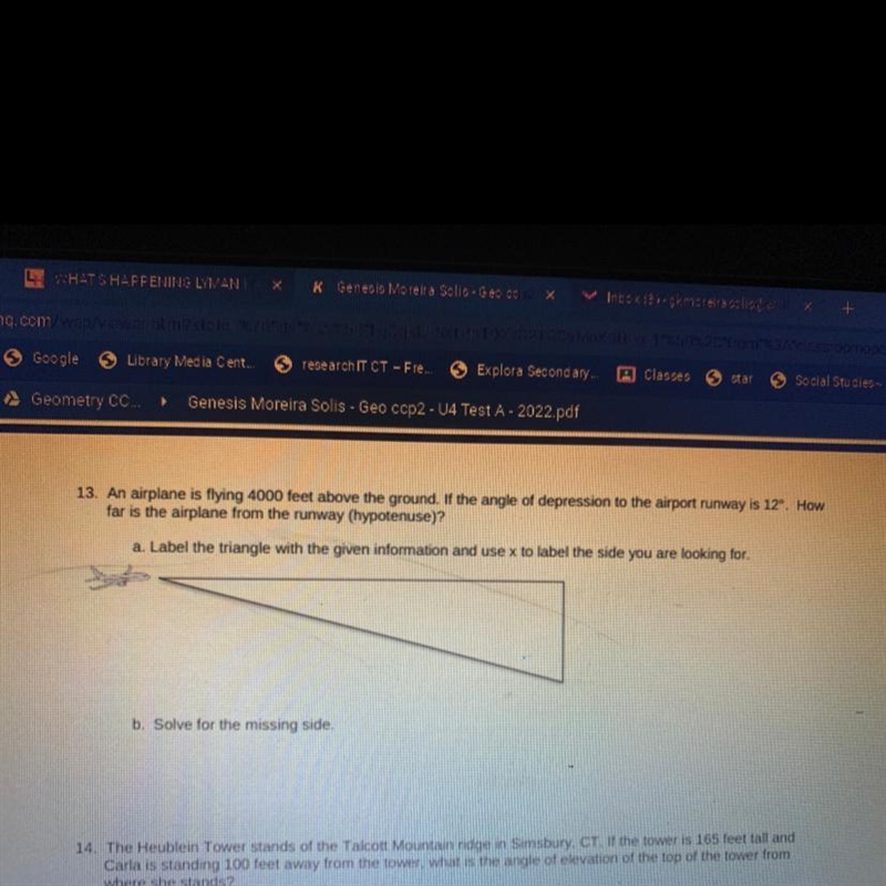 An airplane flying 4000 feet above the ground. if the angle of depression to the airport-example-1