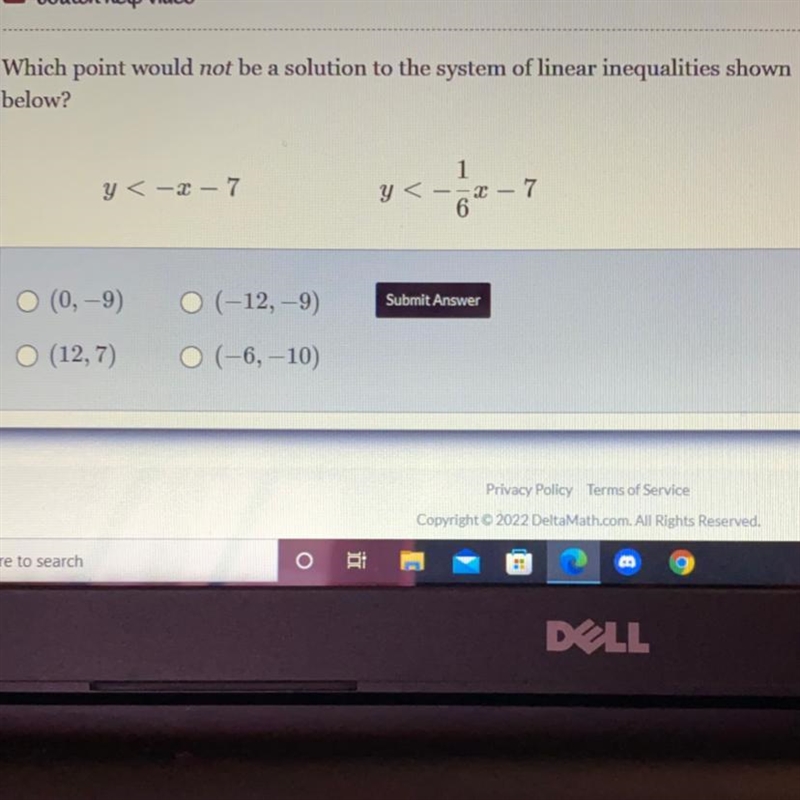 Which point would not be a solution to the system of linear inequalities shown below-example-1