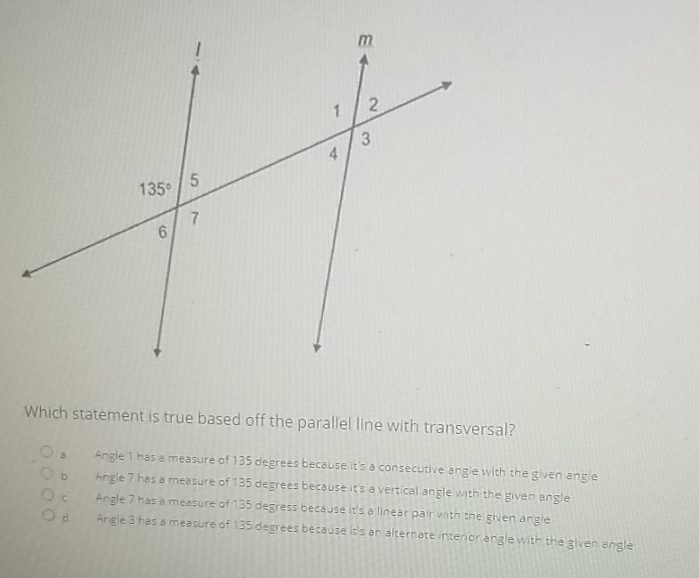 Which statement is true based off the parallel line with transversal? Angle 1 has-example-1