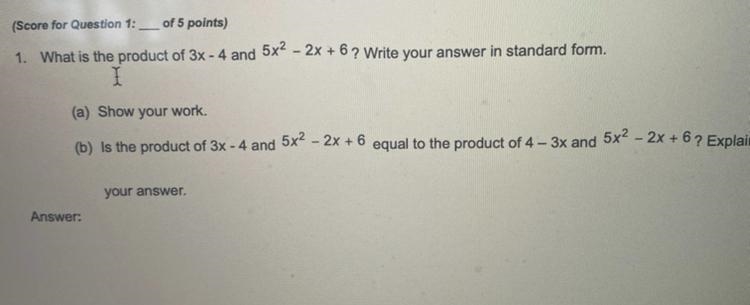 1. What is the product of 3x - 4 and 5x² - 2x + 6? Write your answer in standard form-example-1