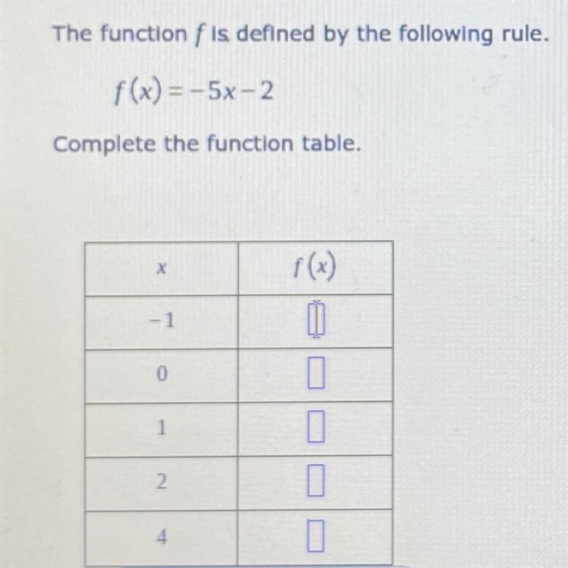 The function f is defined by the following rule. f(x) = -5x – 2 Complete the function-example-1