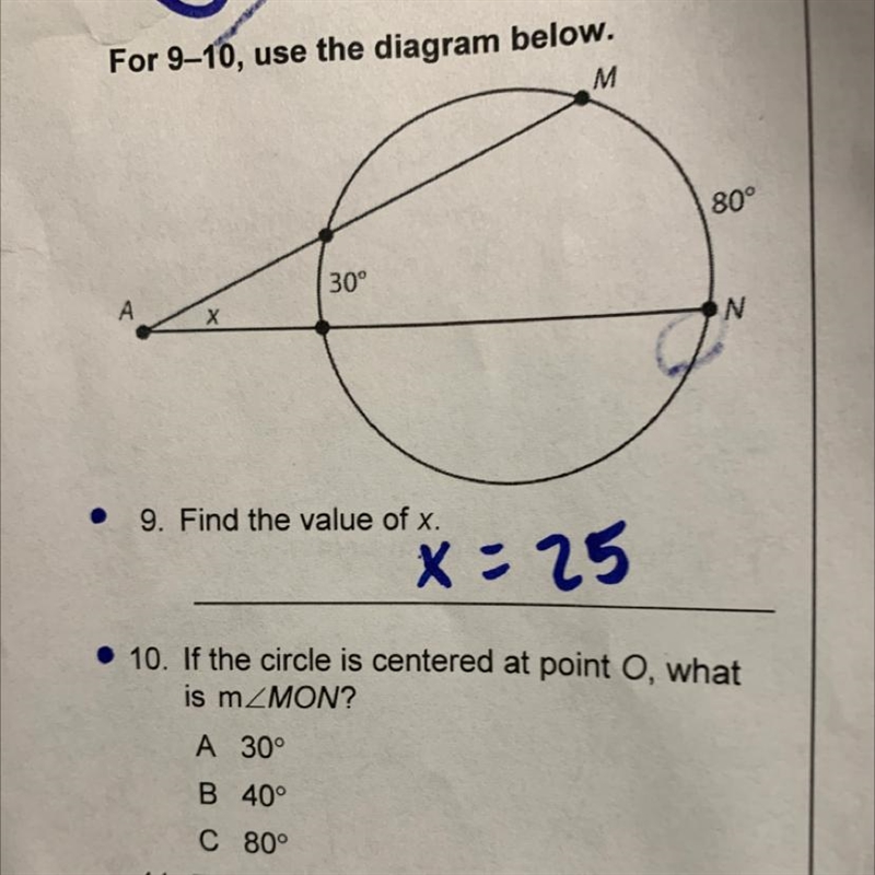 I have number 9 , i just need number 10 if the circle is centered at point O, what-example-1