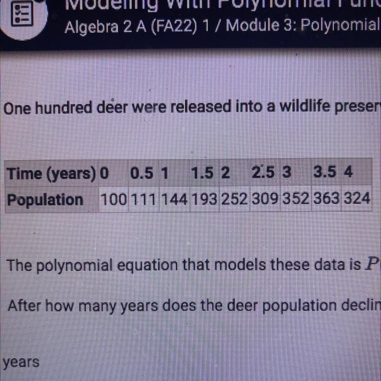 One. Hundred deer were released into a wildlife preserve. The population of deer over-example-1