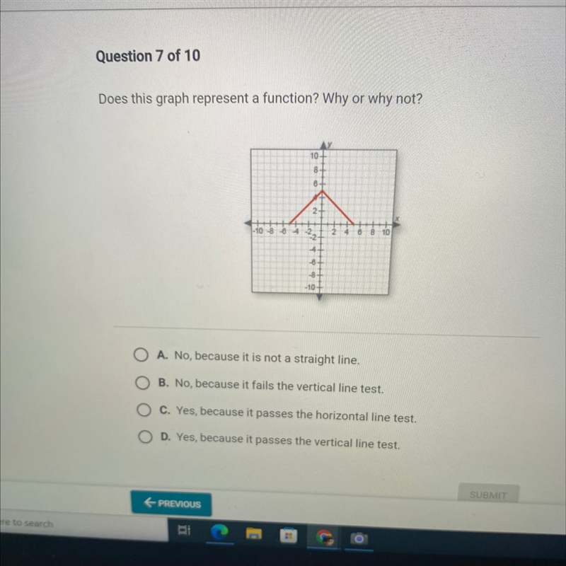 Question 7 of 10 Does this graph represent a function? Why or why not? 10 8 2+ 2 -8 -8 -10 A-example-1