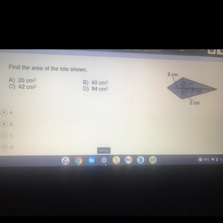 Find the area of the kite shown. A) 20 cm² C) 42 cm² B) 40 cm² D) 84 cm²-example-1