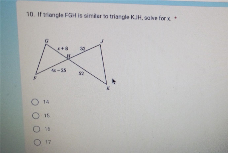 If triangle FGH is similar to triangle KJH, solve for x. show work please​-example-1