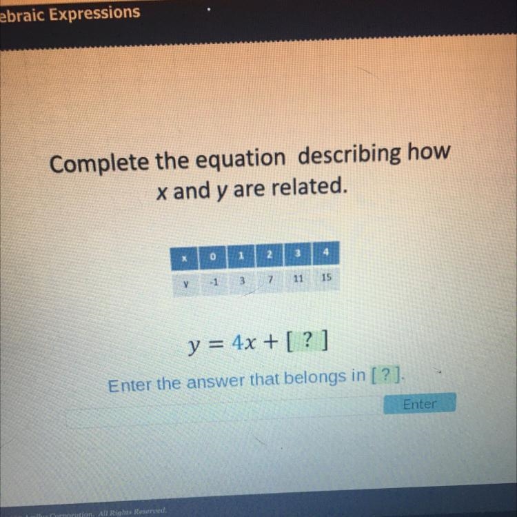 Complete the equation describing howx and y are related.0123V-1 3 71115y = 4x + [?]Enter-example-1