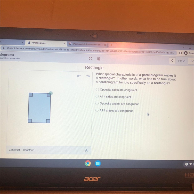 What special characteristic of a parallelogram makes it a rectangle ? In other words-example-1