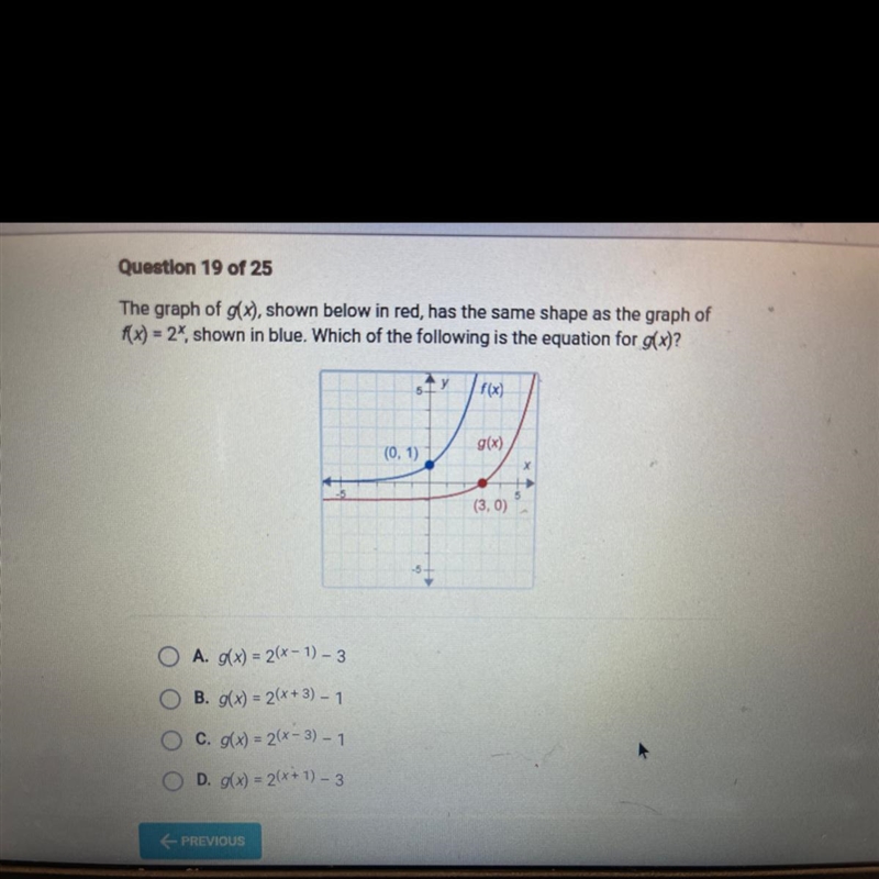 The graph of g(x), shown below in red, has the same shape as the graph of f(x) = 2x-example-1