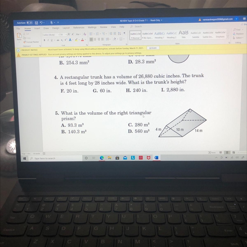 5. What is the volume of the right triangularprism?A. 93.3 mC. 280 mB. 140.3 mD. 560 m-example-1