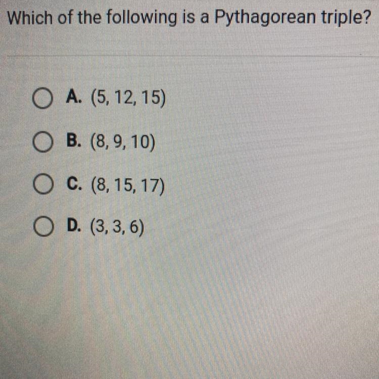 Which of the following is a Pythagorean triple?-example-1