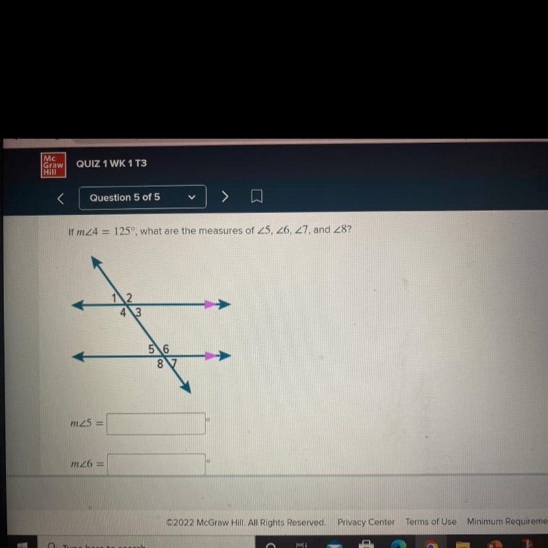 If m angle = 125°, what are the measures of angle 5, angle 6, angle 7 and angle 8-example-1