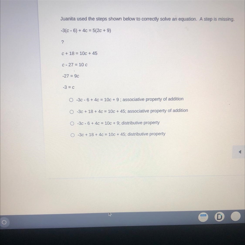 Juanita used the steps shown below to correctly solve an equation. A step is missing-example-1