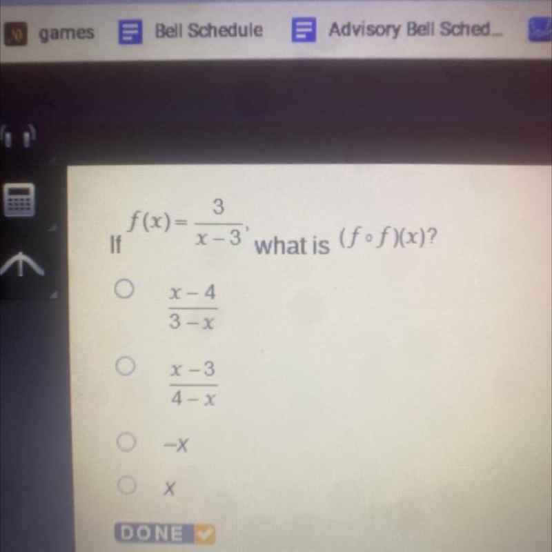 If f(x )= 3/x-3, what is (fof)(x)?-example-1