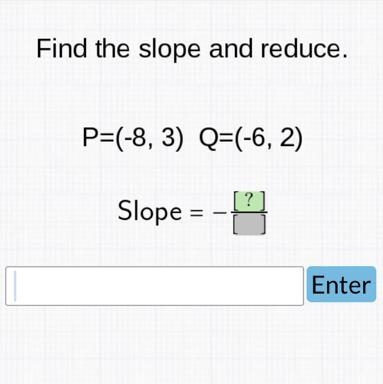 Find the slope and reduce. P=(-8, 3) Q=(-6, 2) Slope =-example-1