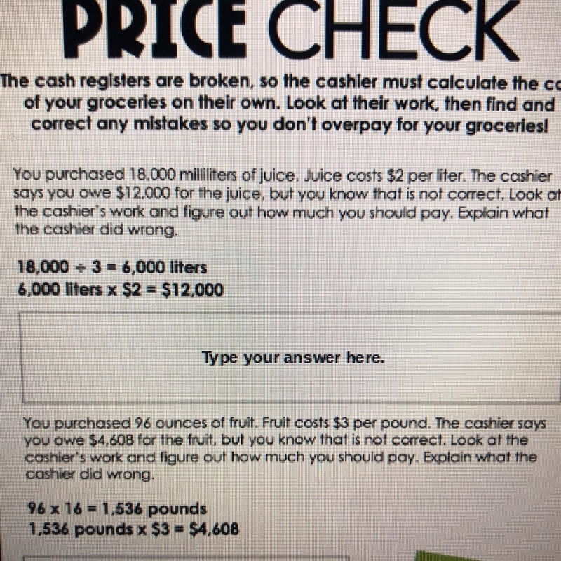 You purchased 18.000 milliliters of juice. Juice costs $2 per liter. The cashier ays-example-1