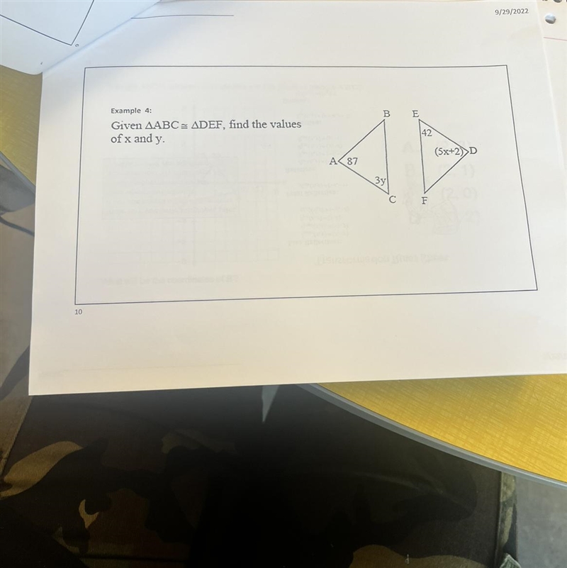 Give ABC = DEF, find the values of x and y-example-1