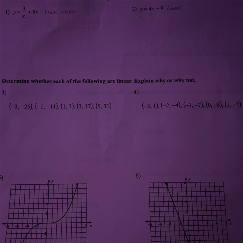 Please help!! Determine if 3 and 4 are linear the explain why it why not-example-1