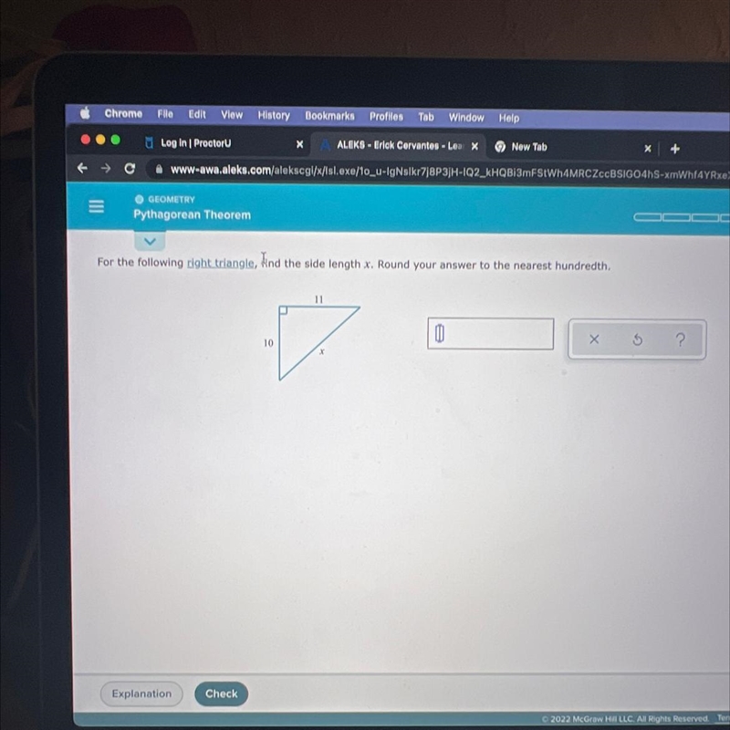 GEOMETRY = Pythagorean Theorem For the following right triangle, And the side length-example-1