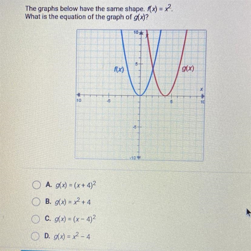 The graphs below have the same shape. f(x) = x². What is the equation of the graph-example-1