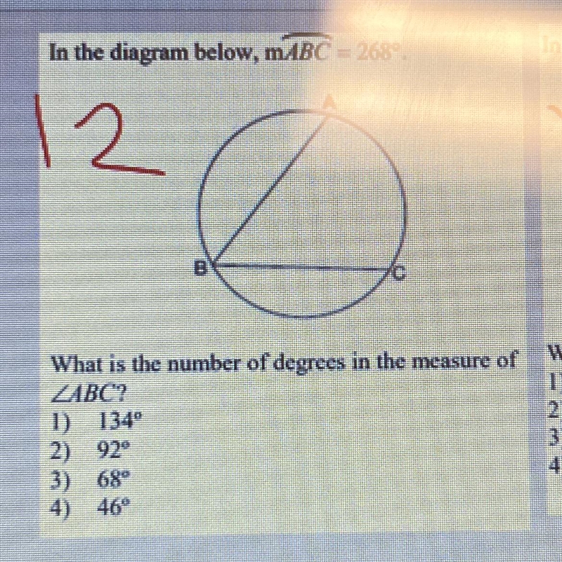 In the diagram below, mABC= 268°. What is the number of degrees in the measure of-example-1