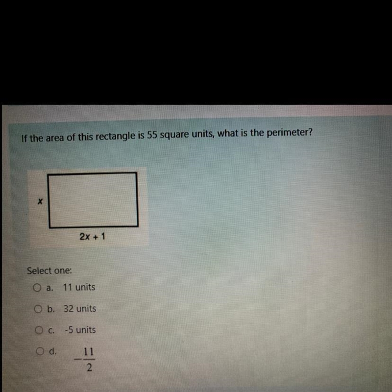 If the area of this rectangle is 55 square units, what is the perimeter. Help asap-example-1