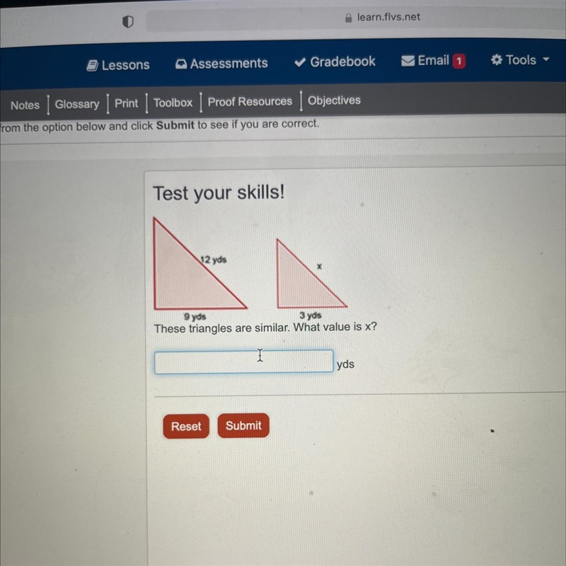 12 yds 9 yds 3 yds These triangles are similar. What value is x? I yds-example-1