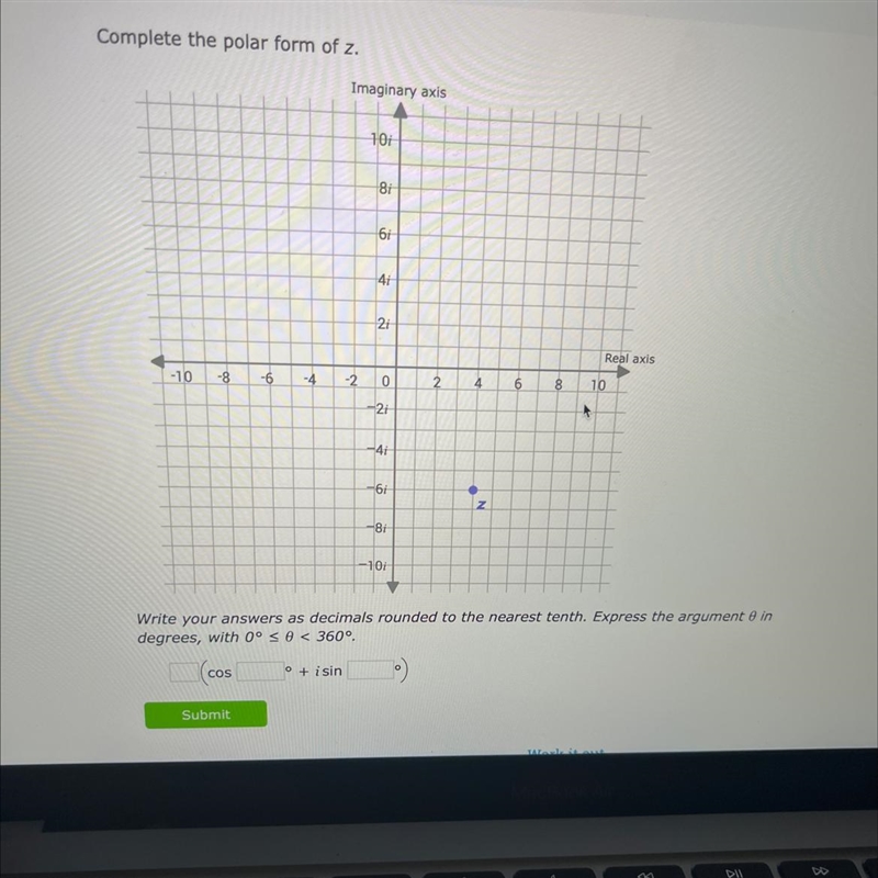 Complete the polar form of z.Imaginary axis10181614142iReal axis10-10 -8-6-4-202.46 800-21-41-61N-example-1