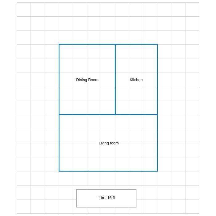 The figure shows a blueprint of a dining room, kitchen, and living room. Each square-example-1