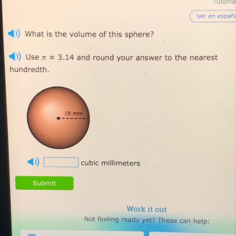 What is the volume of this sphere? Use 3.14 and round your answer to the nearest hundredth-example-1