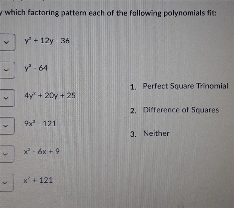 Identify which of the following factoring pattern each of the following polynomials-example-1